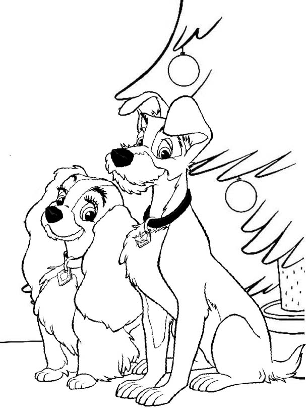 Lady and the Tramp Christmas Tree Coloring Page