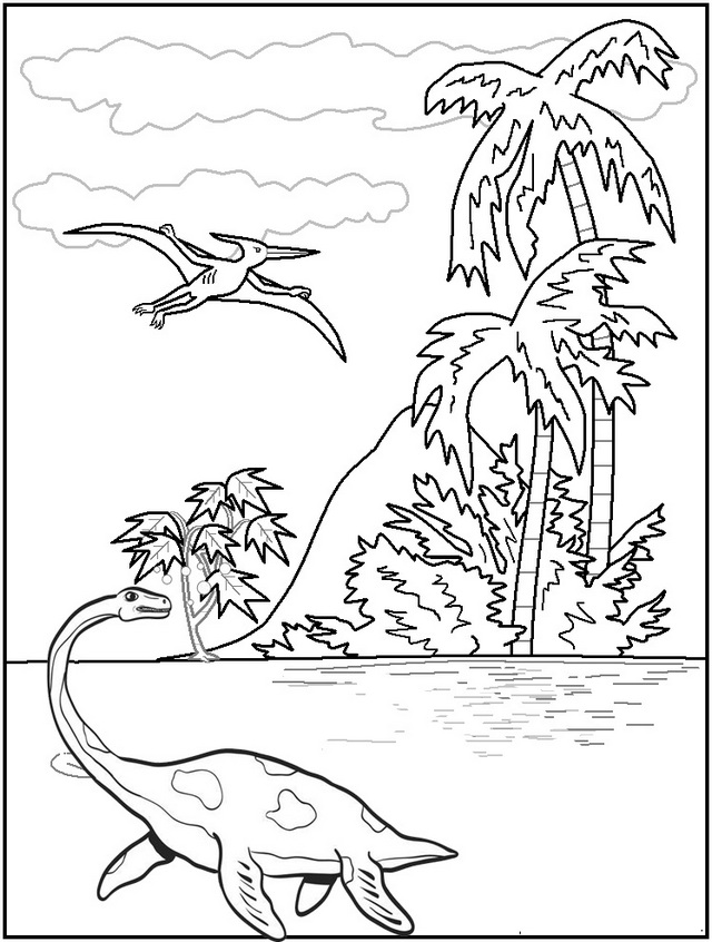 Plesiosaurus and Pterodactyl in the Jurassic Park Coloring Page