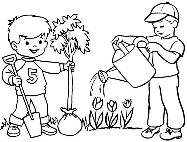 boys planting and watering for arbor day coloring page