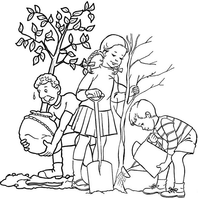 father and children planting a tree coloring page of arbor day
