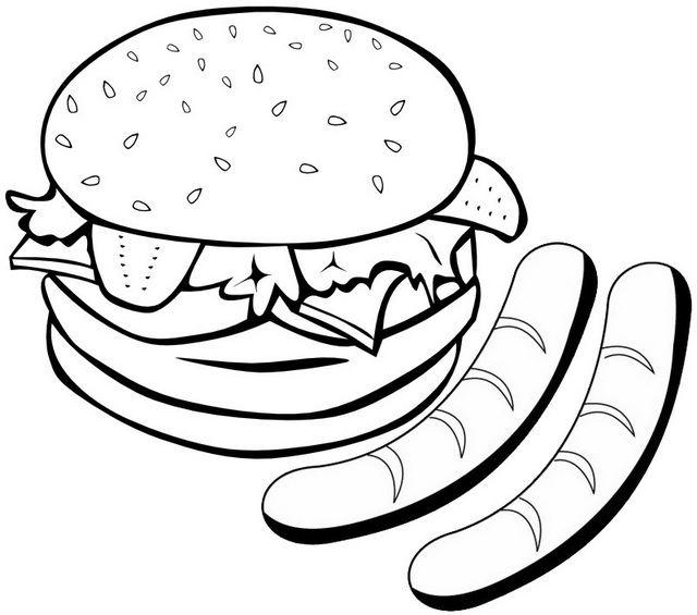 Delicious hamburger and sausage coloring page