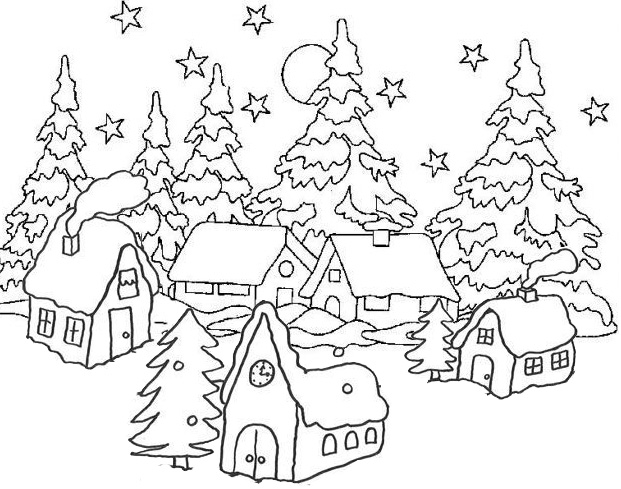 Village in Winter Coloring Page
