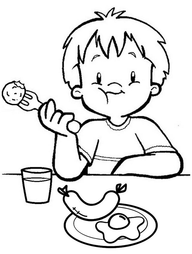 A Boy Having Breakfast Egg and Sausage Coloring Page