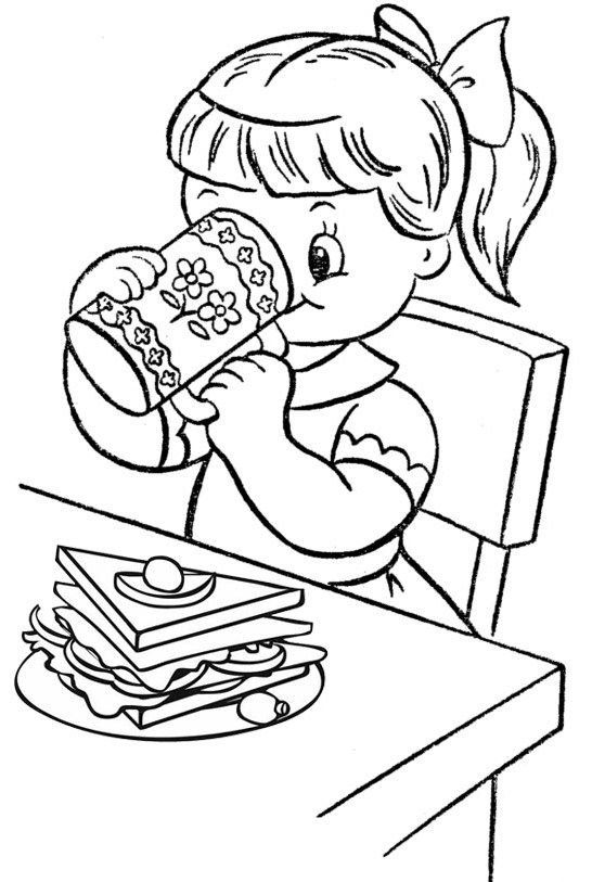 A Girl Having Breakfast with Milk and Sandwich Coloring Page