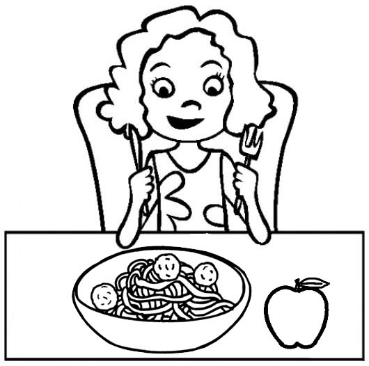 Woman Having Breakfast with Spaghetti and Apple Coloring Page