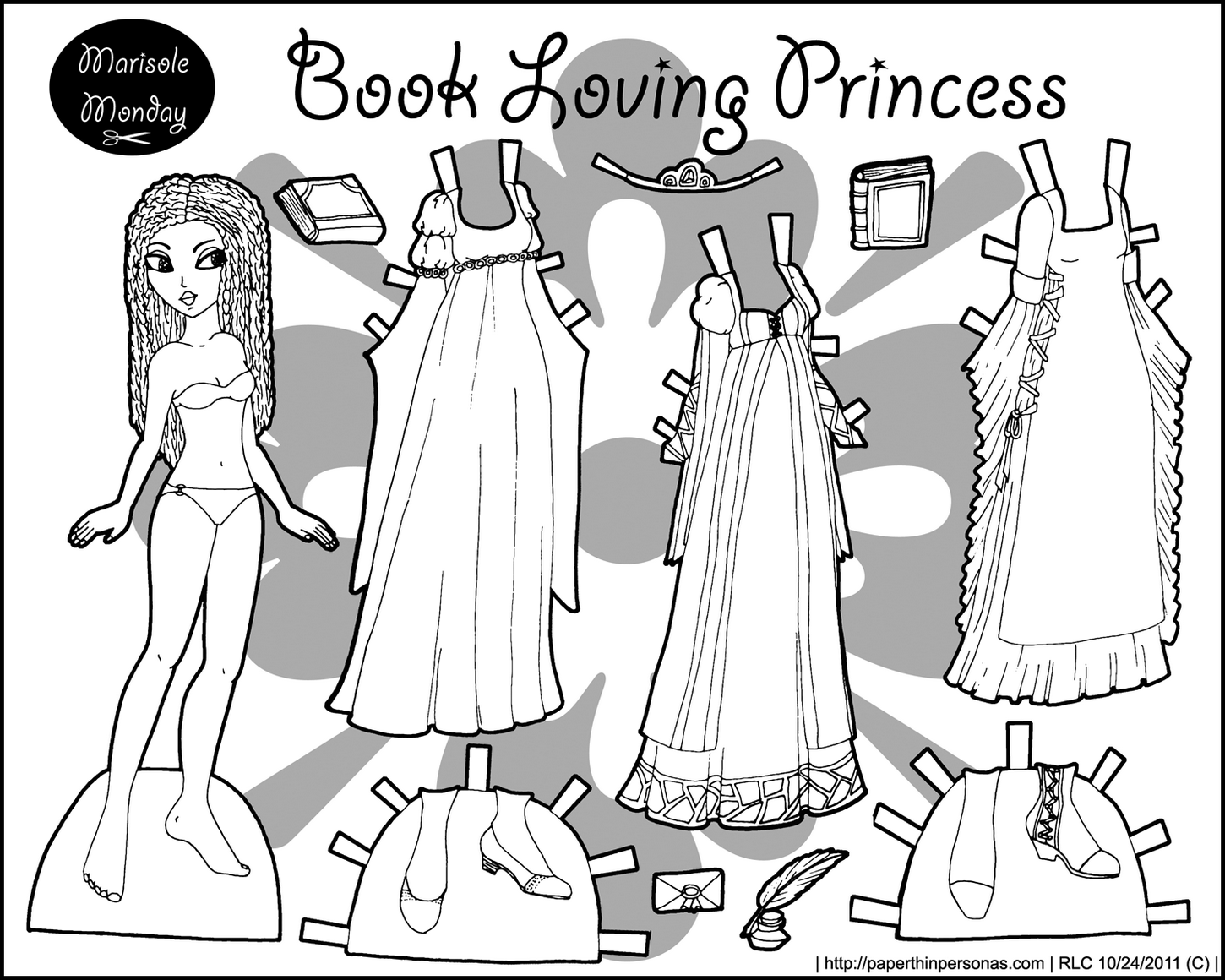 Book Loving Princess Paper Doll Coloring Page