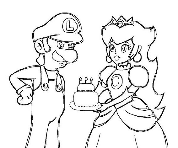Princess Peach and Luigi Coloring Birthday Cake Page