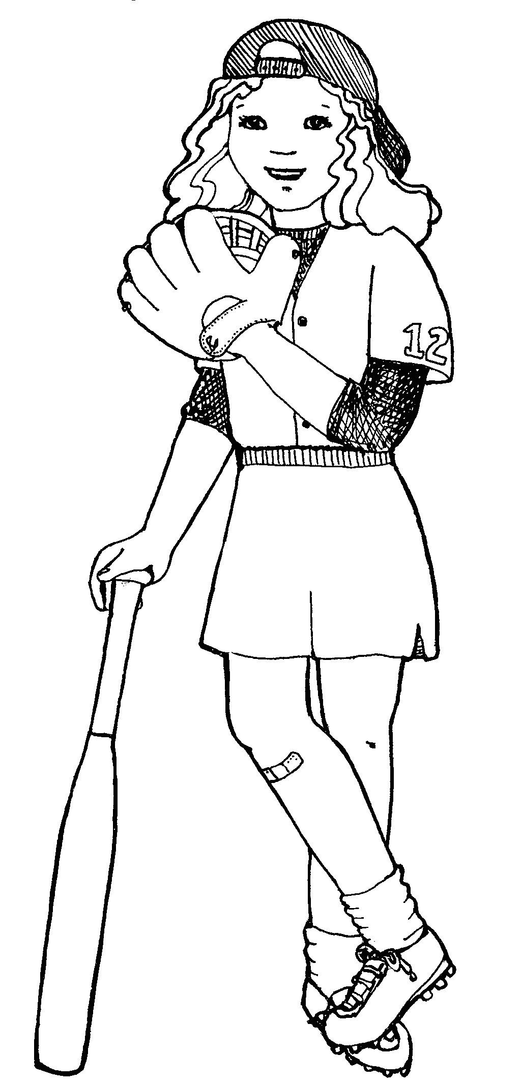 softball player and equipments to play coloring page
