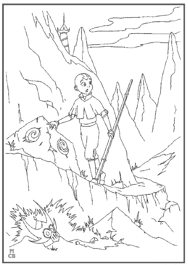 Avatar Aang standing on the mountain coloring page online