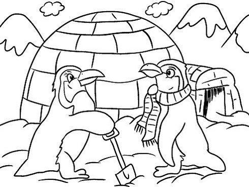 penguins building igloo cartoon coloring winter themed page