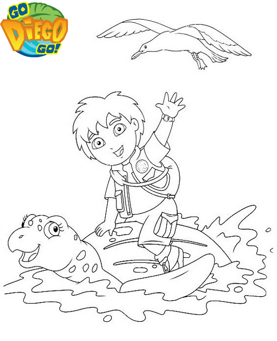 Diego at sea on the carapace of a sea turtle coloring page