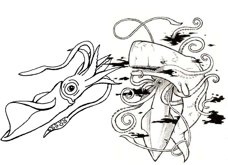 shark pouncing squid coloring page