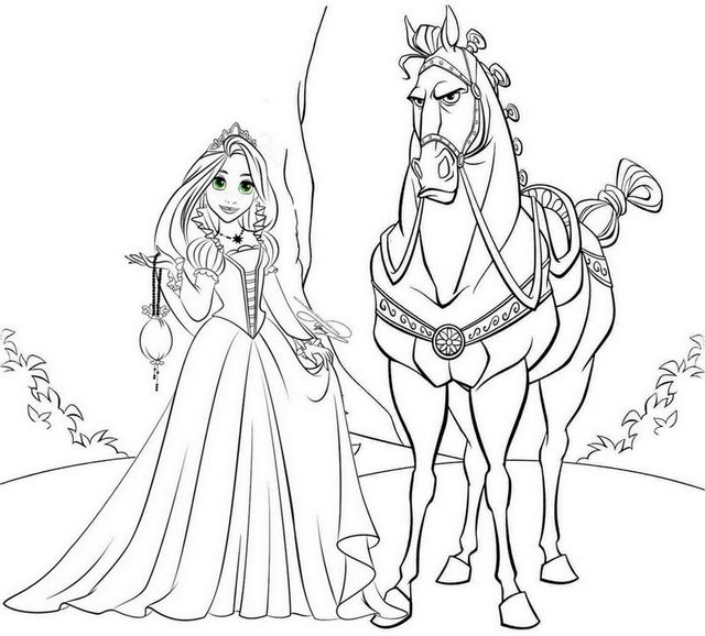 Princess Rapunzel and Maximus Horse Coloring Page