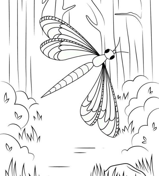 dragonfly in forest coloring page