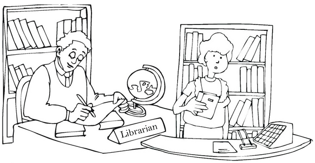 Librarian Coloring Page of Library Room Desk