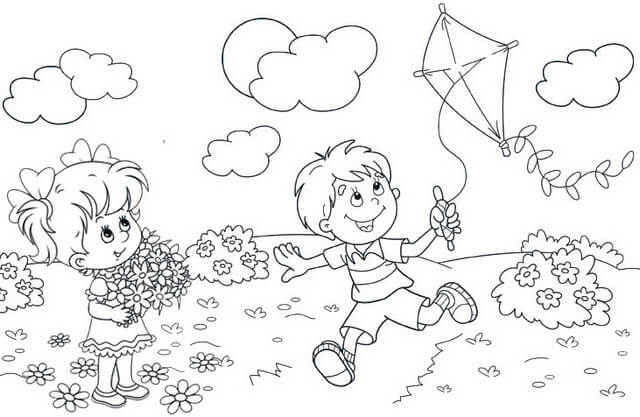 Boy Playing a Kite Coloring Page of Spring - Coloring Pages