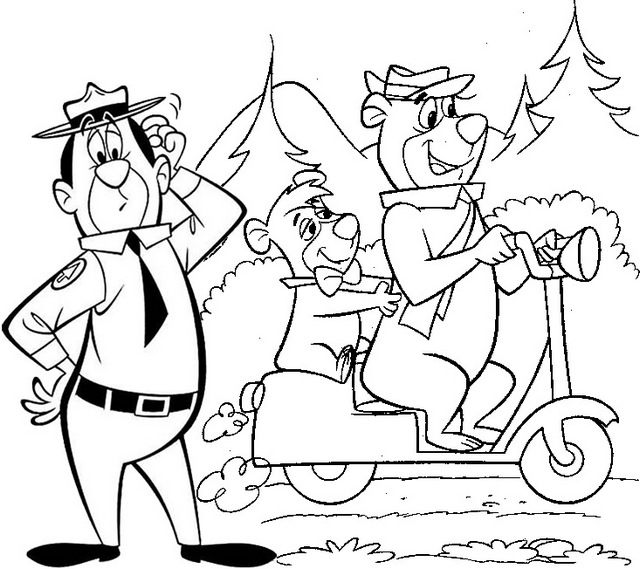 Ranger Smith Yogi Bear and Boo Boo Riding scooter motorcycle coloring page