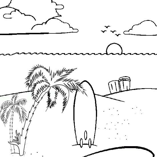 beach sunset and surfing coloring page
