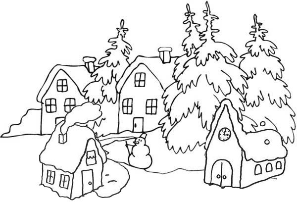 Peaceful and Beautiful Winter Village Coloring Page